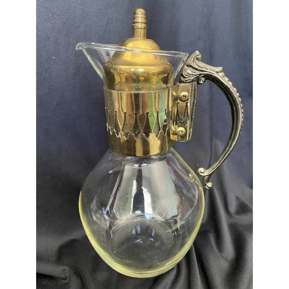 Vintage Brass Glass Tea Coffee Warmer Carafe Pitcher